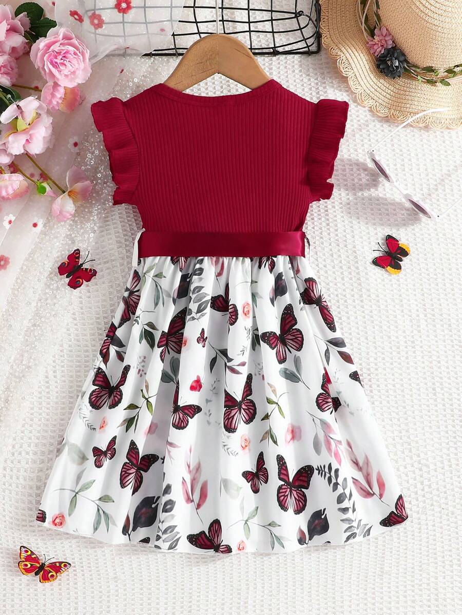 Young Girl Summer Cute Butterfly Pattern Dress With Flounced Hem And Striped Patchwork