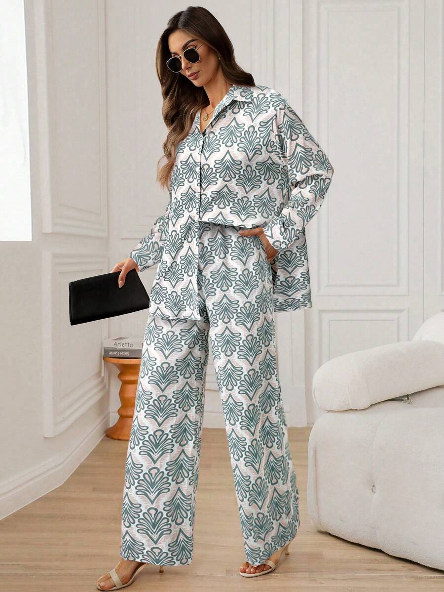 SHEIN LUNE 2pcs Paisley Print Shirt & Pants 2-Piece Set, Suitable For Going Out, 2024 Autumn New Arrival